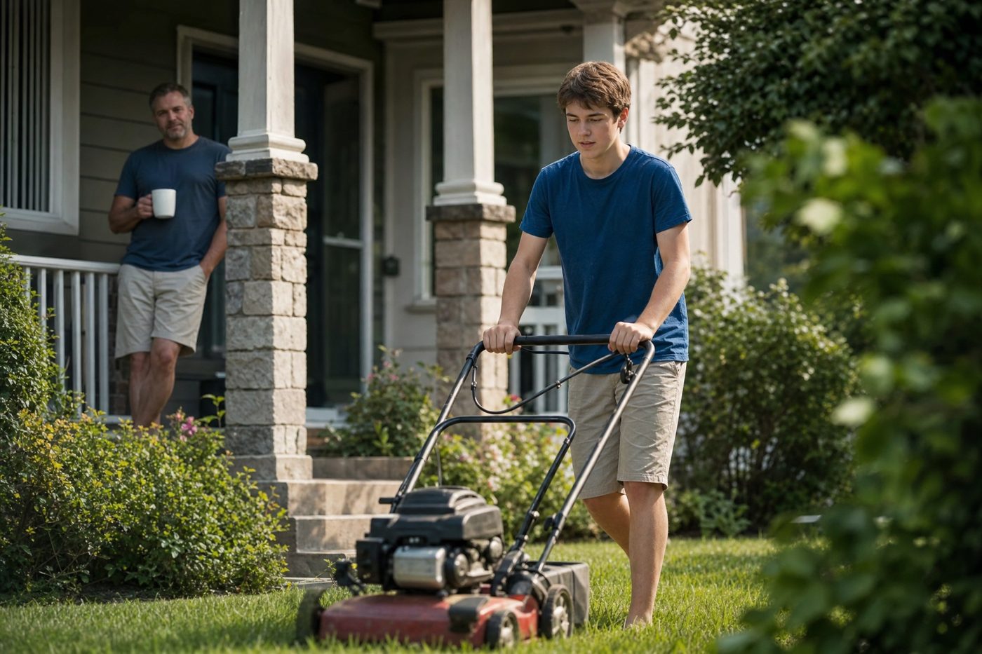 A 15-year-old boy mowing the front yard while his dad watches from the porch with a coffee mug