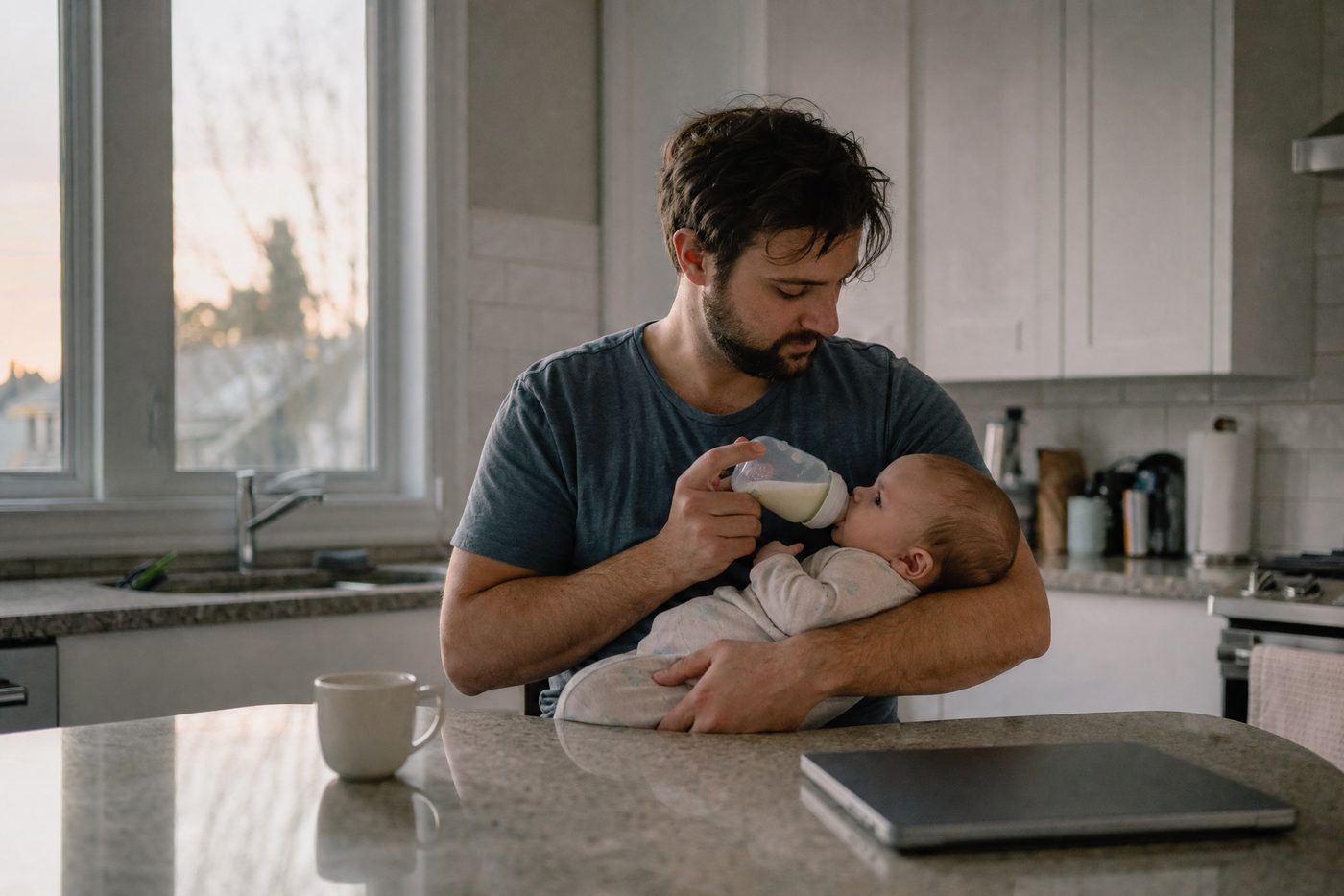 A dad in a t-shirt bottle-feeding his infant at a kitchen counter at dawn, a closed laptop pushed aside