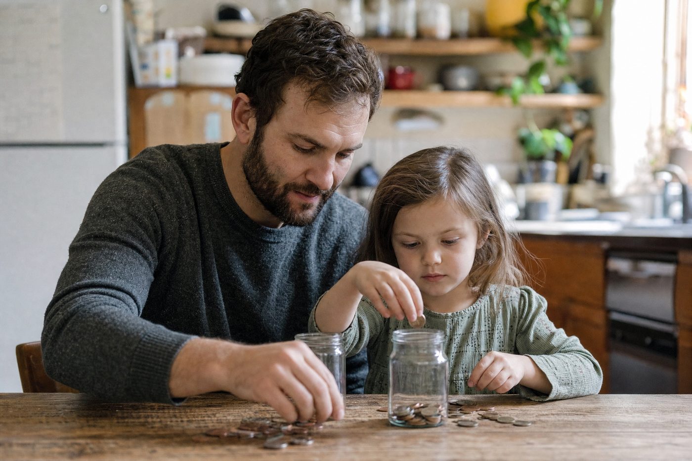A dad and his young daughter at a wooden kitchen table sorting coins into 2 glass jars in morning light
