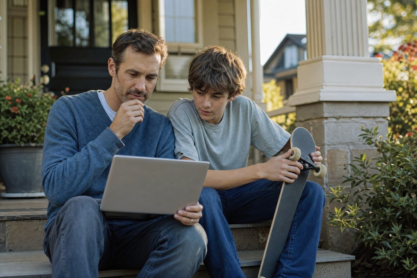 A dad on his front porch steps looking at an open laptop, his teenage son beside him holding a skateboard